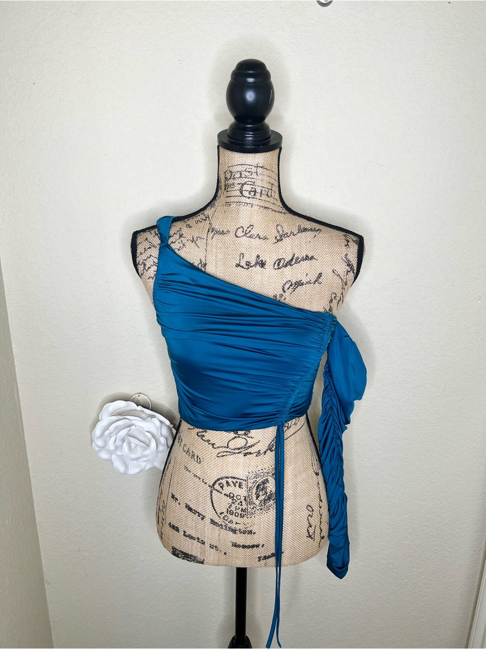 NTM: Oh Polly Teal One Shoulder Ruched Crop Top Detachable Sleeve Size US 4